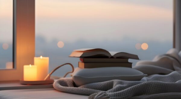 كتب موضوعة على وسادة بجانب شموع مضاءة، مع إطلالة هادئة من نافذة. الأجواء تعكس شعورًا بالراحة والاسترخاء في غرفة نوم مريحة.