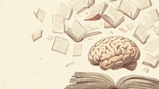 صورة توضح دماغًا بشريًا مفتوحًا مع كتب متناثرة حوله، مما يرمز إلى المعرفة والتعليم. تعكس الفكرة أهمية القراءة في تنمية الفكر والإبداع.