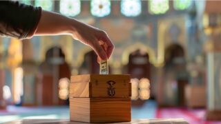 يد مرفوعة تضع ورقة نقدية داخل صندوق خشبي للتبرعات، مع خلفية تظهر معمارًا جميلًا وألوان زاهية.