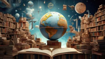 كرة أرضية ثلاثية الأبعاد وسط مكتبة ضخمة مليئة بالكتب. تدور حولها كواكب ونماذج طيران، مما يخلق مشهدًا خياليًا يجمع بين المعرفة والفضاء. خلفية زرقاء داكنة تضيف لمسة من الغموض والسحر.