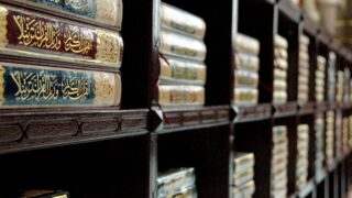 Close-up view of ornate, leather-bound books on wooden shelves, showcasing intricate gold lettering and decorative spines, highlighting the beauty of traditional Arabic calligraphy in a library setting.