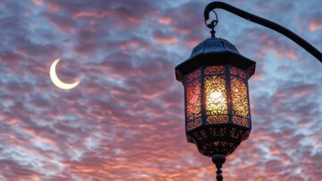 Ornate lantern casting a warm glow against a dramatic sky at dusk, featuring wispy clouds and a crescent moon, creating a serene and enchanting atmosphere.
