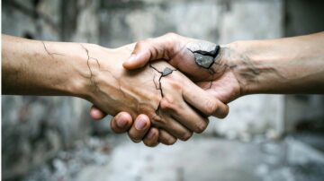 يدين متشابكتان مع تشققات واضحة، تشير إلى الصراع والتعافي، في خلفية غير واضحة تعزز من تأثير الصورة.