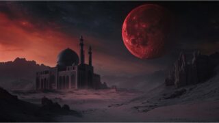 مسجد ذو قبة كبيرة ومآذن في صحراء قاحلة تحت سماء حمراء مع كوكب أحمر كبير في الخلفية. المشهد يجمع بين العمارة الإسلامية والطبيعة القاسية، مما يخلق إحساسًا بالخيال.
