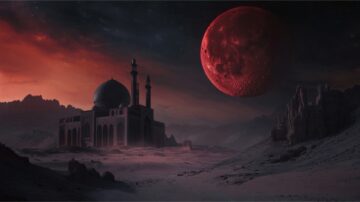 مسجد ذو قبة كبيرة ومآذن في صحراء قاحلة تحت سماء حمراء مع كوكب أحمر كبير في الخلفية. المشهد يجمع بين العمارة الإسلامية والطبيعة القاسية، مما يخلق إحساسًا بالخيال.