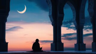 Silhouette of a person sitting on a mat under an ornate archway, gazing at a crescent moon in a twilight sky with colorful clouds. The scene evokes a sense of peace and spirituality, perfect for themes related to meditation, Islam, or tranquility.