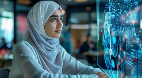 امرأة محجبة تجلس أمام شاشة عرض تفاعلية تعرض بيانات رقمية وصورة ثلاثية الأبعاد لرأس إنسان، تعبر عن التركيز والابتكار. الخلفية تظهر بيئة عمل حديثة مع أشخاص آخرين.