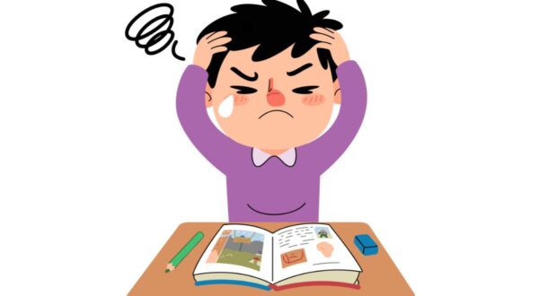 طفل يبدو محبطًا وهو يمسك برأسه بيديه بينما يجلس أمام كتاب مفتوح على مكتب. يظهر من تعبير وجهه أنه يشعر بالضيق، مع دمعة على خده. الكتاب يحتوي على صور ورسومات، وهناك قلم وقطعة ممحاة بجانبه.