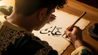 شاب يكتب بخط عربي جميل على ورقة قديمة، مرتديًا ملابس تقليدية. يظهر تركيزه أثناء استخدام قلم ريشة لرسم الحروف.