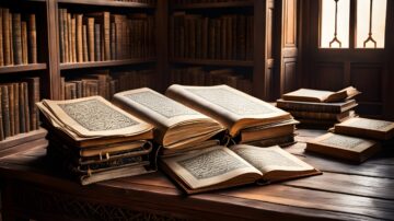 مكتبة قديمة تحتوي على مجموعة من الكتب التاريخية والمخطوطات. الكتب مفتوحة على طاولة خشبية، مع رفوف مليئة بالكتب خلفها. الإضاءة الدافئة تضفي جوًا من المعرفة والتراث.