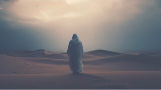 شخص يرتدي لباسًا أبيض طويلًا يقف في صحراء شاسعة تحت سماء غائمة، مع كثبان رملية تمتد إلى الأفق. الجو يوحي بالهدوء والغموض.