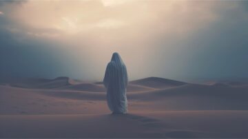 شخص يرتدي لباسًا أبيض طويلًا يقف في صحراء شاسعة تحت سماء غائمة، مع كثبان رملية تمتد إلى الأفق. الجو يوحي بالهدوء والغموض.