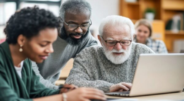 مجموعة من الأشخاص تعمل معًا على جهاز كمبيوتر محمول في بيئة مكتبية. رجل مسن ذو لحية بيضاء يرتدي سترة رمادية، يجلس أمام الكمبيوتر بينما ينظر إليه رجل آخر ذو لحية رمادية. امرأة شابة ذات شعر مجعد ترتدي سترة خضراء، تتابع ما يحدث على الشاشة.