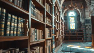 مكتبة داخلية تحتوي على رفوف مليئة بالكتب القديمة، مع نافذة ملونة تسمح بدخول الضوء الطبيعي. الأرفف مصنوعة من الخشب الداكن، وتظهر تفاصيل معمارية رائعة في التصميم.