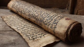 نص قديم مكتوب بخط عربي على لفافة من ورق البردى، مع تفاصيل واضحة للكتابة. الضوء الطبيعي يسلط على اللفافة الموضوعة على سطح خشبي.
