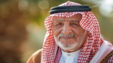 رجل مسن يرتدي غطاء رأس تقليدي سعودي وقميص، يظهر بابتسامة ودودة. الخلفية ضبابية تظهر ألوان دافئة، مما يضفي جوًا مريحًا.