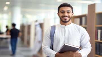 شاب مبتسم يرتدي ثوباً تقليدياً يحمل كتاباً تحت ذراعه، ويقف في مكتبة حديثة. خلفه رفوف مليئة بالكتب وأشخاص آخرون يتواجدون في المكان.