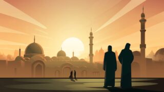 صورة فنية لمشهد غروب الشمس في مدينة عربية، تظهر silhouettes لشخصين يرتديان عباءات، مع معالم معمارية تقليدية مثل المساجد والمآذن في الخلفية. الألوان الدافئة تخلق جواً هادئاً ورومانسيًا.