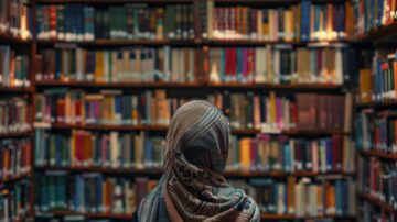 امرأة ترتدي حجابًا تقف أمام جدار من الكتب في مكتبة، مع أرفف مليئة بالمؤلفات والأدلة الأكاديمية، مما يعكس أهمية القراءة والتعلم.