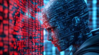 روبوت ذو ملامح بشرية مع وجه مغطى بأنماط رقمية زرقاء، يتفاعل مع جدار مكون من أرقام حمراء متدفقة. الخلفية تعكس تكنولوجيا متقدمة، مما يعكس موضوع الذكاء الاصطناعي والابتكار.