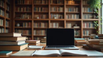 مكتب دراسي يحتوي على كمبيوتر محمول أسود مفتوح بين مجموعة من الكتب الملقاة. خلفية تحتوي على رفوف مليئة بالكتب، مع إضاءة دافئة تضفي جوًا مريحًا للدراسة.