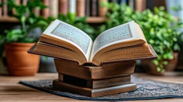 كتاب مفتوح على حامل خشبي، يظهر نصوصًا عربية واضحة. في الخلفية، توجد نباتات خضراء وكتب، مما يخلق جوًا هادئًا ومريحًا.