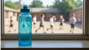زجاجة ماء زرقاء شفافة موضوعة على حافة نافذة، مع خلفية ضبابية تظهر مجموعة من الأطفال يجري في فناء مدرسة. تعكس الزجاجة الضوء وتظهر قطرات الماء على سطحها.