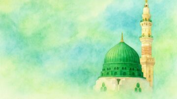 مسجد نبوي مع قبة خضراء ومنارة، خلفية ملونة بألوان مائية ناعمة. التصميم يعكس الجمال الروحي والمعماري للمكان.
