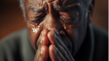رجل مسن يبكي، مع دموع تتدفق على وجهه، يظهر مشاعر الحزن والتأمل. يدي الرجل متشابكة في وضع الصلاة، تعكس لحظة من الضعف العاطفي.