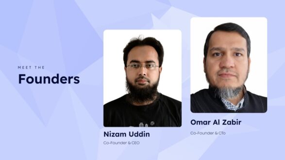 صورة تحتوي على مؤسسي الشركة: نizam Uddin، المؤسس المشارك والرئيس التنفيذي، وعمر الزبير، المؤسس المشارك والرئيس التنفيذي للتكنولوجيا. خلفية الصورة بسيطة بلون أزرق فاتح، مع تصميم هندسي.