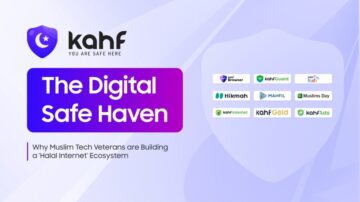 صورة ترويجية لمنصة كهف، تعرض شعارها مع عبارة "الملاذ الرقمي الآمن". تتضمن الصورة شعارات خدمات مختلفة مثل KahfGuard وHikmah وMAHFIL وMuslims Day وKahfGold وKahfAds، مما يشير إلى الجهود المبذولة لبناء نظام بيئي إنترنت حلال يركز على الأمان والسلامة للمستخدمين.