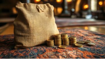 A burlap sack filled with coins sits beside a stack of gold and silver coins on a richly patterned rug, creating a warm and inviting atmosphere.