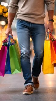 رجل يحمل أكياس تسوق ملونة في يدين، يرتدي سترة بيج وبنطال أزرق، يسير في منطقة مضاءة بأضواء خلفية دافئة.