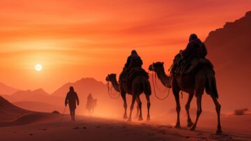 مشهد غروب الشمس في الصحراء، حيث يسير ثلاثة جمال مع ركابها عبر الكثبان الرملية. يظهر شخص واحد يسير على الأقدام في المقدمة، بينما تضيء أشعة الشمس البرتقالية الأفق وتنعكس على الجبال في الخلفية.