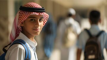 صبي يرتدي الزي التقليدي السعودي مع غطاء رأس مزخرف، يقف في ممر مدرسي. يظهر مبتسمًا بينما يسير طلاب آخرون في الخلفية.