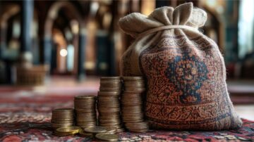 كيس من القماش مزين بنقوش تقليدية، يحتوي على عملات معدنية، بالإضافة إلى أكوام من العملات المعدنية مرتبة بجوار الكيس. تظهر الخلفية المعمارية بتفاصيلها الغنية، مما يضيف طابعًا تاريخيًا للمشهد.