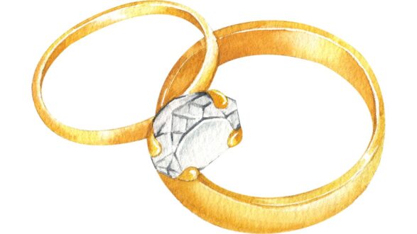 رسم توضيحي لزوج من خواتم الزفاف الذهبية، أحدها مزين بحجر كريم شفاف. التصميم يعكس الأناقة والرومانسية، مما يجعله مثالياً لمناسبات الزفاف والمناسبات الخاصة.