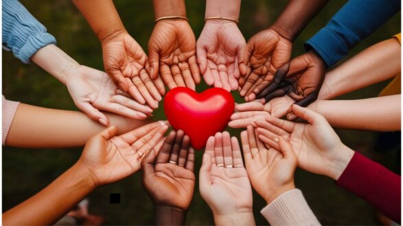 أيدي متنوعة تتجمع حول قلب أحمر، تعبير عن الحب والتضامن. الصورة تبرز التعاون والتنوع بين الأشخاص.