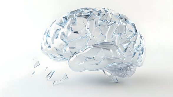 دماغ زجاجي متكسر يظهر تفاصيل معقدة، يرمز إلى الفهم والتحليل والذكاء. تصميم عصري يعكس المفاهيم العلمية والتكنولوجية.