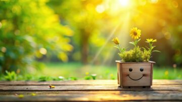 نبتة مزهرة في وعاء خشبي مبتسم، محاطة بأشعة الشمس الساطعة والطبيعة الخضراء في الخلفية. تعكس الصورة جوًا من السعادة والانتعاش.