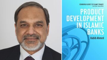 د حبيب ذو لحية وشعر رمادي يبتسم، بجانب غلاف كتاب بعنوان تطوير المنتجات في البنوك الإسلامية. الكتاب يتناول مواضيع التمويل الإسلامي.