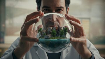 رجل يرتدي معطفًا أبيض، يحمل كرة زجاجية تحتوي على نموذج مصغر لمدينة محاطة بالطبيعة، مع مزيج من المباني والأشجار. تعكس الصورة فكرة الحفاظ على البيئة والتوازن بين التقدم الحضاري والطبيعة.