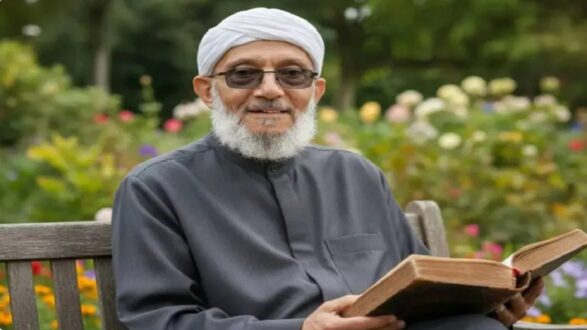 رجل مسن يجلس على مقعد في حديقة، يحمل كتابًا في يده. يرتدي جلبابًا رماديًا وعمامة بيضاء، ويبتسم بينما تحيط به أزهار ملونة.