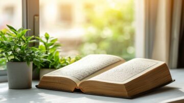 كتاب مفتوح على طاولة بجوار نافذة، مع نبات أخضر صغير في وعاء. الضوء الطبيعي يتسلل من الخارج، مما يضفي جوًا هادئًا ومريحًا.