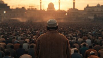 A large crowd of worshippers gathered for prayer during sunset, with a focus on a man wearing a traditional cap. The silhouette of mosques and minarets is visible in the background, highlighting a significant religious moment.