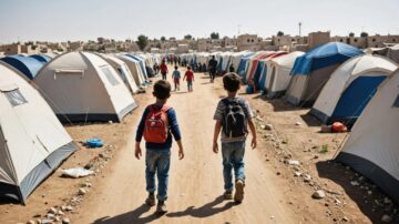 طفلان يسيران في مخيم للاجئين، يحيط بهما خيام بيضاء وزرقاء. تظهر خلفهما مجموعة من الأشخاص والمباني. السماء صافية والأرض ترابية.