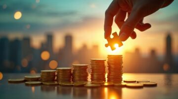 يد تظهر يدًا تضع قطعة من اللغز فوق كومة من العملات المعدنية، مع خلفية غروب الشمس ومدينة مضاءة. تعبر الصورة عن مفهوم النجاح المالي والاستثمار الذكي.