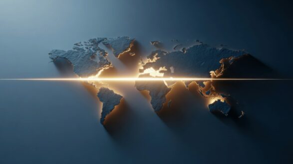 خريطة العالم بتصميم ثلاثي الأبعاد، مع تأثيرات ضوئية تضفي لمسة من الإضاءة على الحدود. يظهر في الصورة تباين بين الأجزاء المظلمة والمضيئة، مما يبرز معالم القارات والمحيطات.