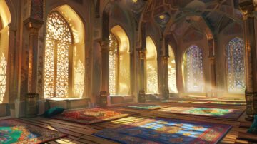غرفة داخلية مزينة بنوافذ كبيرة ذات نقوش فنية، تسمح بدخول الضوء الطبيعي. الأرضية مغطاة بسجاد ملون، مع وسائد مريحة. الأجواء تعكس جمال العمارة الإسلامية.