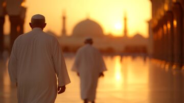 رجل يرتدي ثوبًا تقليديًا يسير نحو الغروب في مسجد، مع قباب ومآذن في الخلفية، مما يخلق جوًا هادئًا وروحيًا.